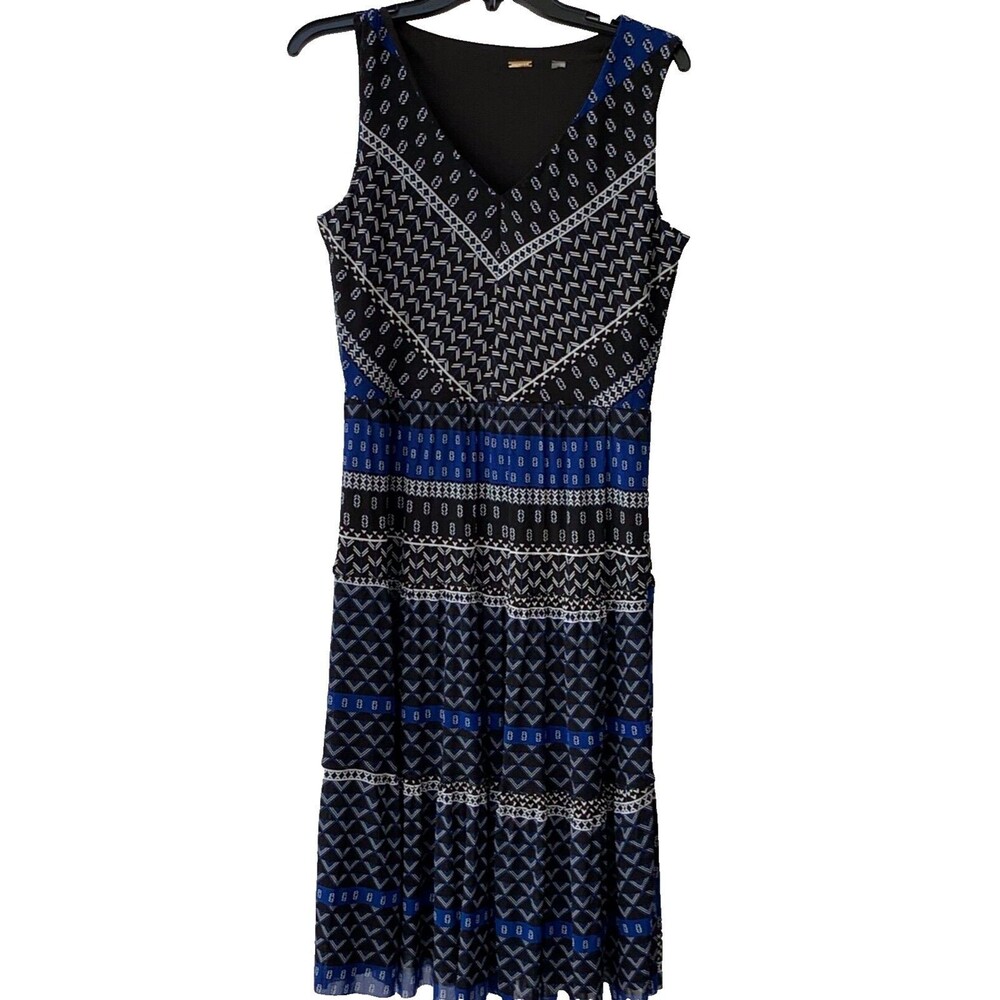 T Tahari Dress Womens Medium Sleeveless Black V Neck Midi White Print Stretch